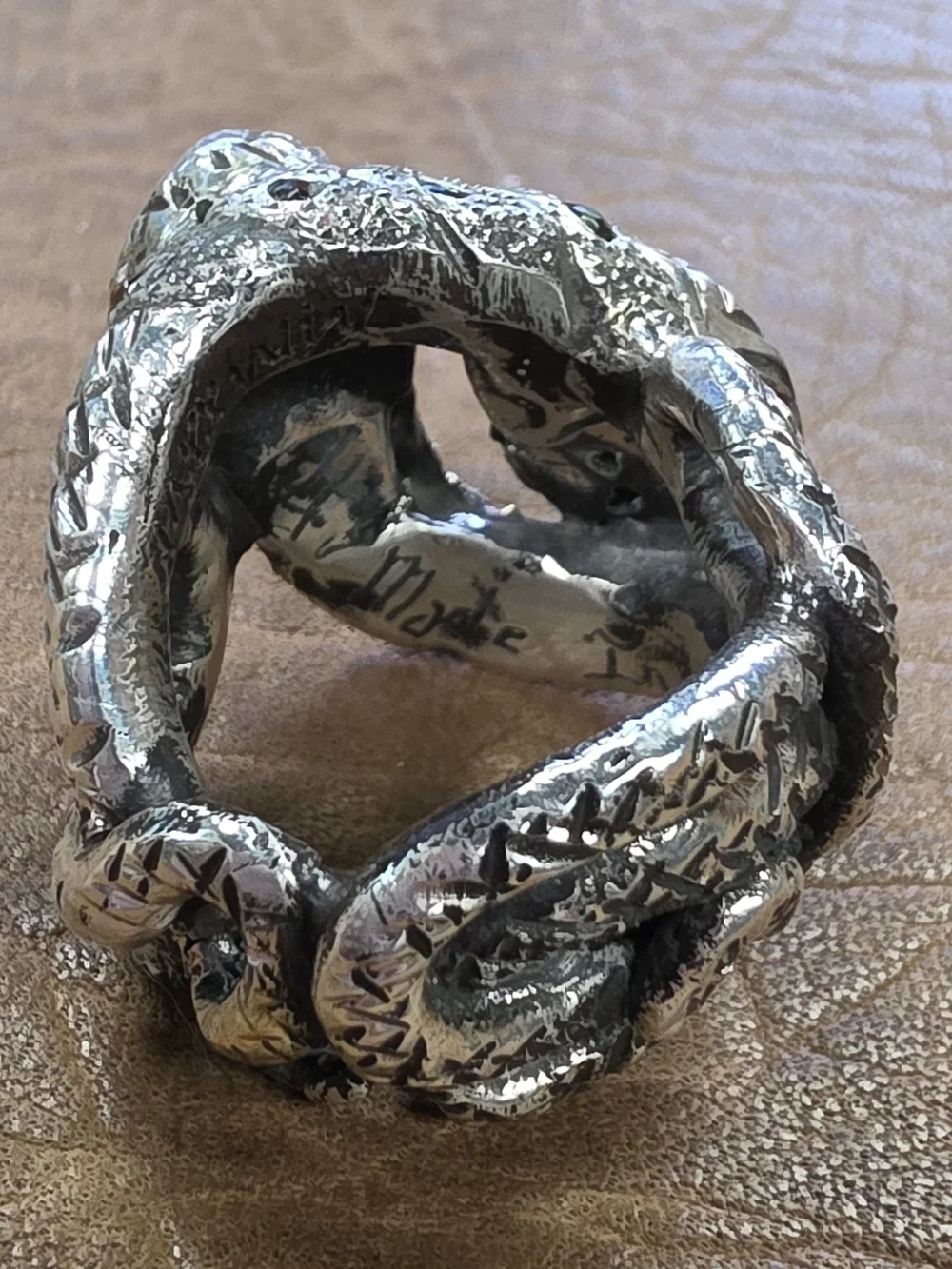 Sterling Silver Opal & Cameo Double-Headed Serpent Ring - Green Accents